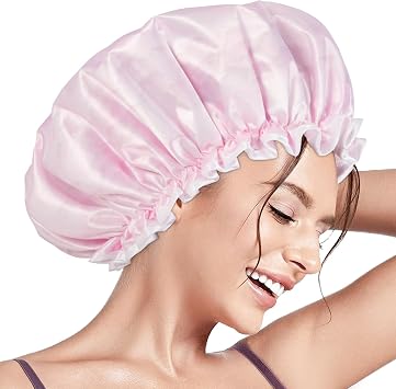 Aquior Shower Cap Reusable Shower Cap for Women Double Layer Waterproof Large Size for All Hair Lengths for Girls Spa Home Salon Pink Cloud