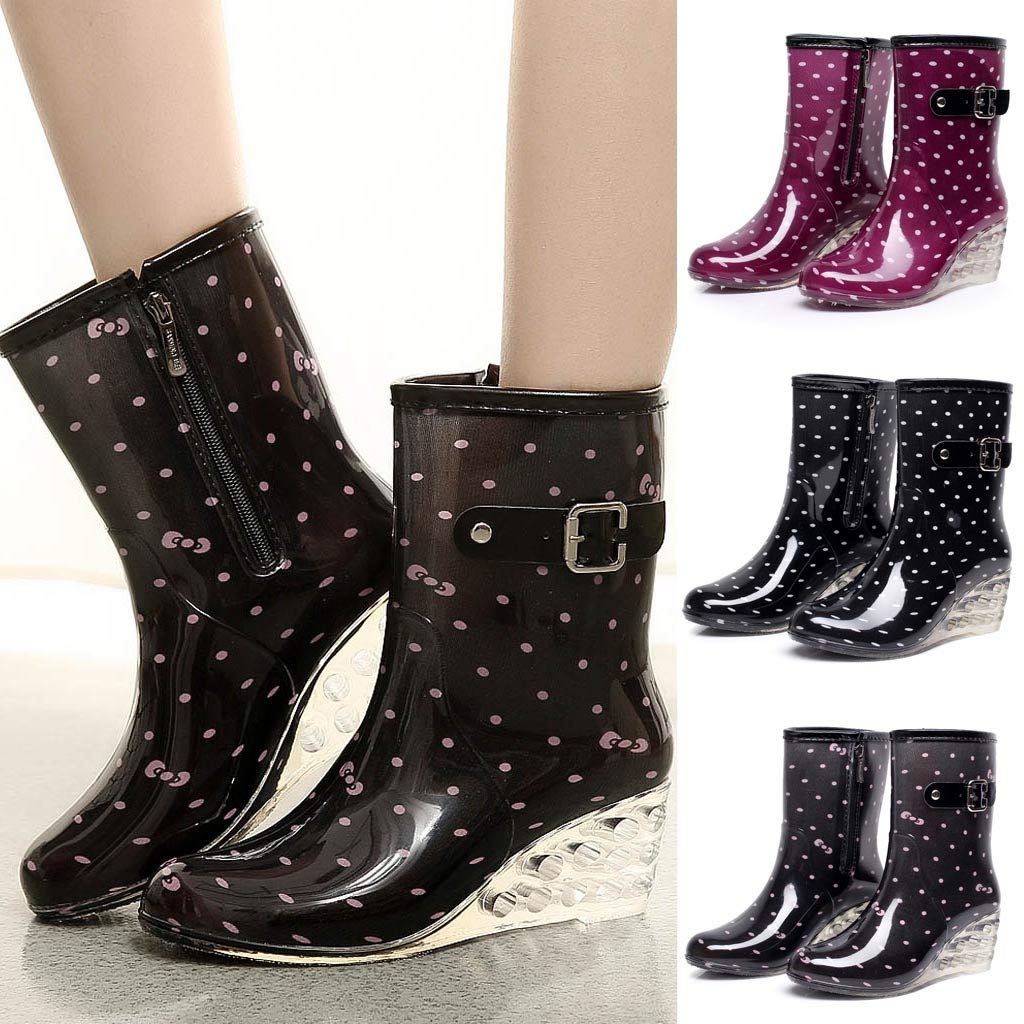 Damen-Gummistiefel mit transparentem Keilabsatz, stilvolle Passform, mit Schnalle, Festival-Druck, Gummistiefel mit Reißverschluss, rutschfeste Chelsea-Stiefel, klassische Gartenstiefel