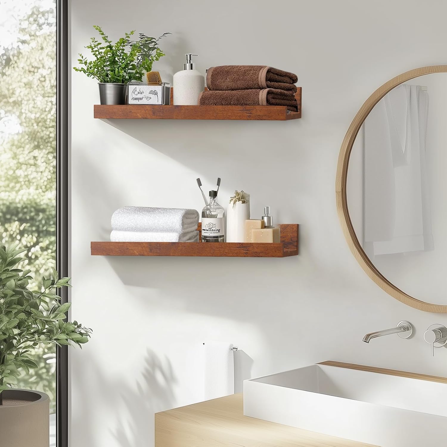 muzilife 45.3" large floating wall ledge shelves with lip - set of 2 rustic wood floating shelves - honey brown wall mounted picture ledge for office, bathroom, bedroom, living room, kitchen honey brown 45.3"