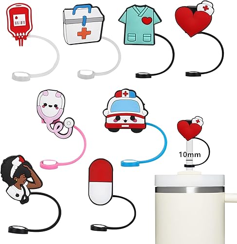 Tapas de popote compatibles con vasos Stanley Cup de 30 y 40 onzas, 8 piezas de lindas puntas de silicona para enfermeras de 0.394 pulgadas, tapa de