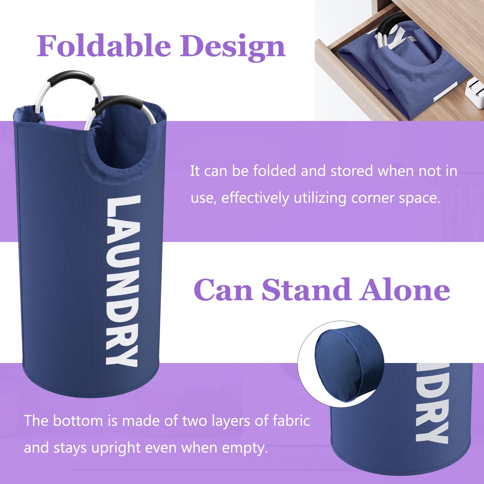 Set di 2 cesti portabiancheria grandi, 95 l, pieghevoli, con manici in alluminio, portatili, per camera da letto, viaggi, viola e blu navy
