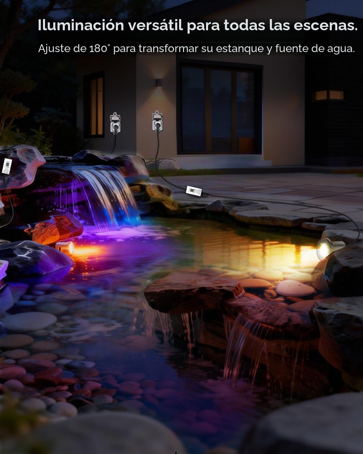 Luces Estanque Acero Inoxidable SS316, 6W Luz Estanque Sumergible con Cable 9,5M y Transformador 12V, RGB Foco Sumergible Estanque para Estanque de Jardín, Arroyo, Estanques de Koi, Cascada
