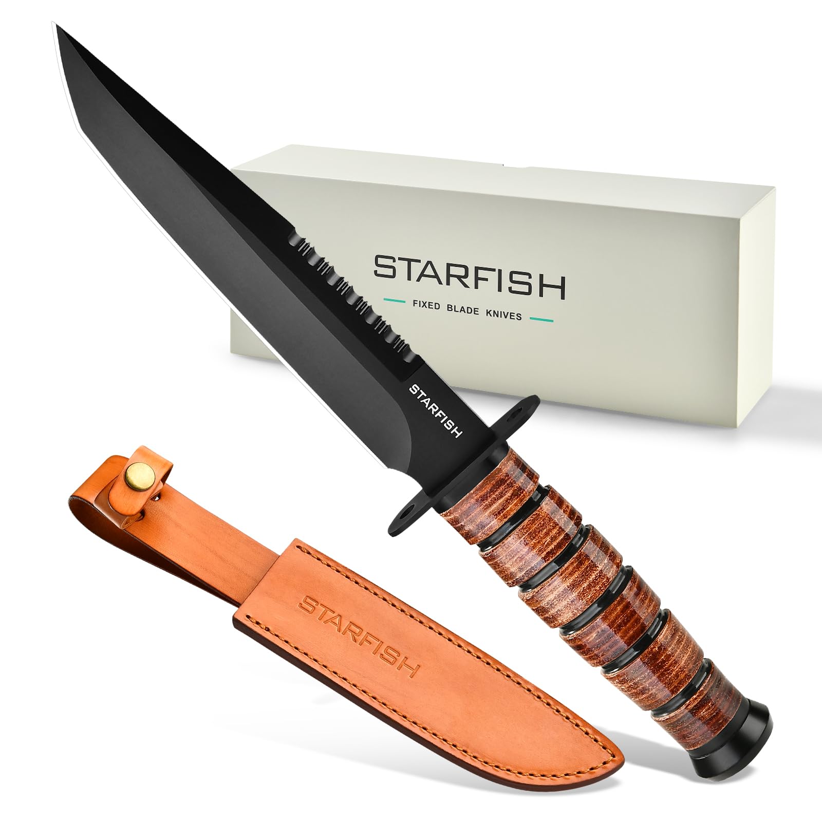 Full Tang Fixed Blade Knife, 7.0” DC53 Steel Blade with Black Titanium Coating Hunting Knife with Sheath, Ergonomic Leather Handle Bushcraft Bowie Knives for Camping, Hiking