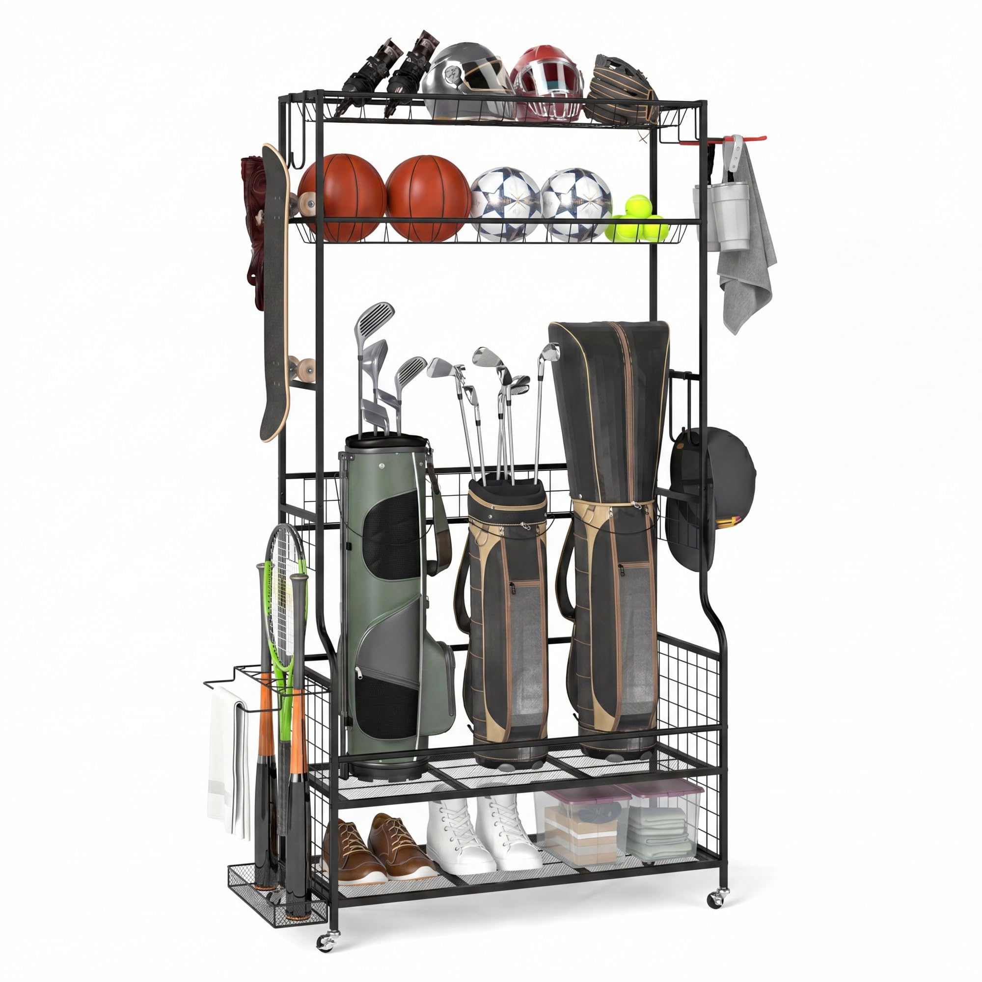 GYMAX Estante Organizador para Bolsas de Golf y Accesorios, con Capa Adicional para Palos y Ruedas Universales Bloqueables, para 2 Bolsas, Ideal para Garaje, Sótano y Cobertizo