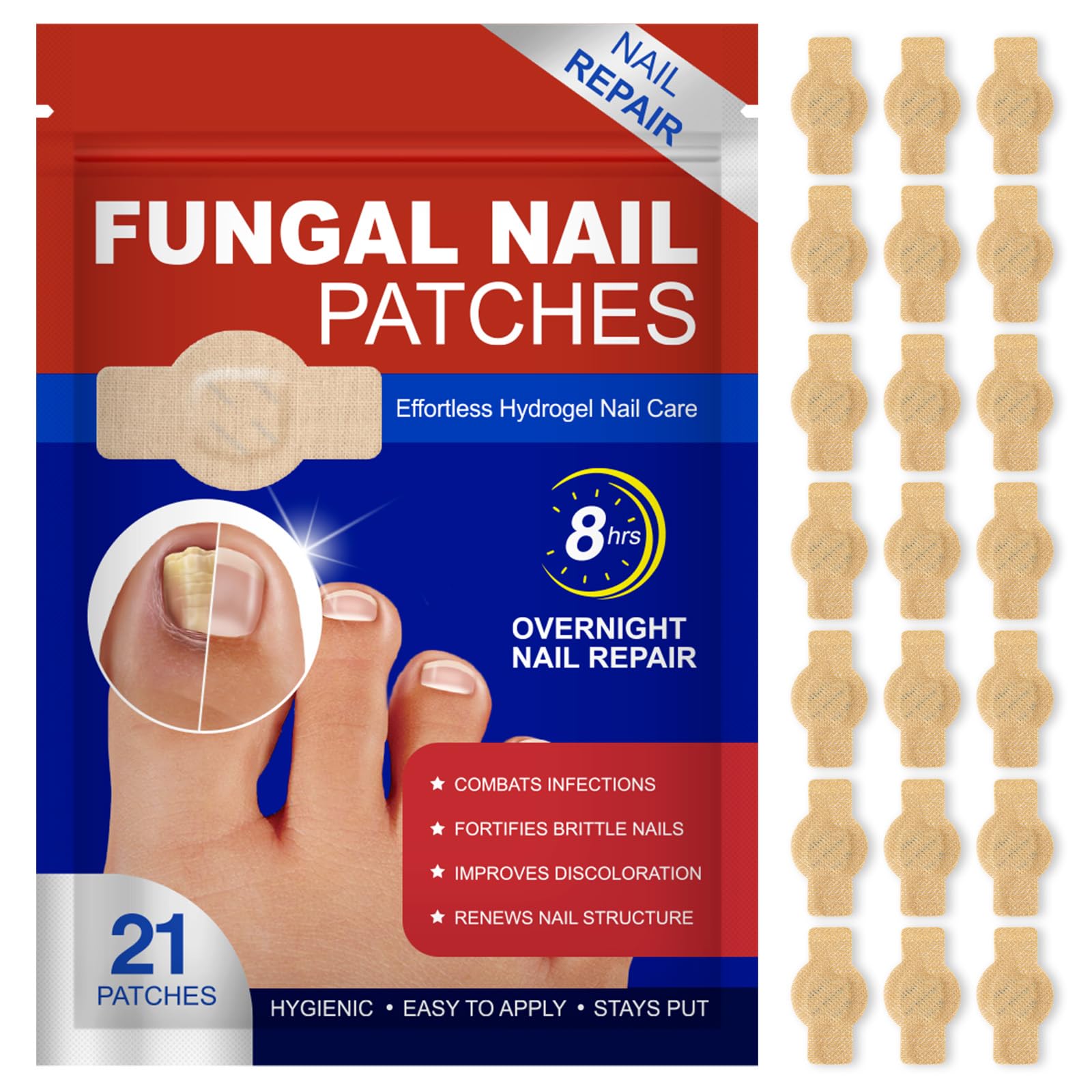 Nagelpilzpflaster (21 Stück), Reparatur von Zehennagelpilz, Mehrzweck für Dicke, Rissige und Verfärbte Nägel, Pflege und Reparatur Beschädigter Nägel