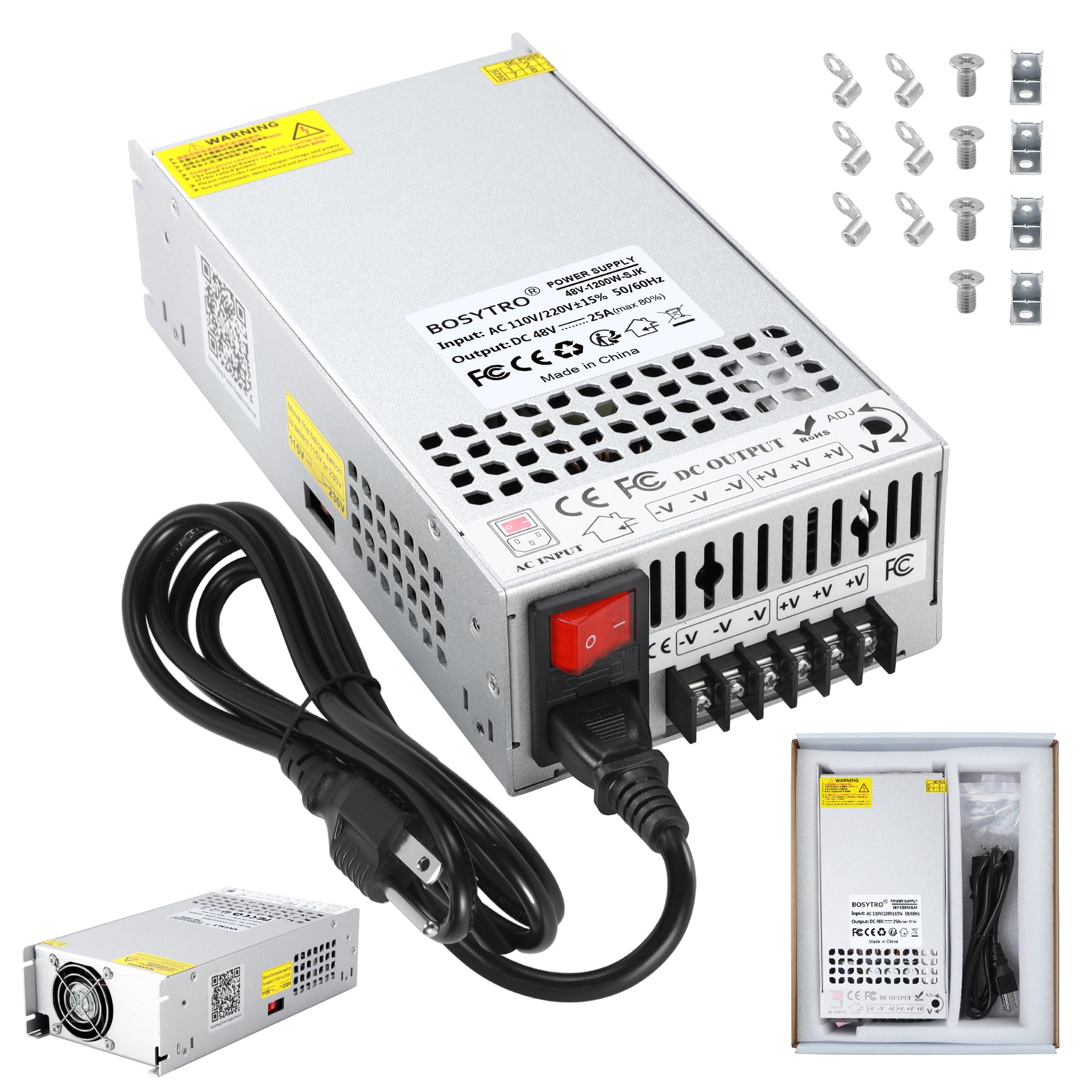 Ulepszony zasilacz impulsowy 48 V, 25 A, 1200 W, transformator LED 230 V na 48 V, DC 48 V, przetwornica napięcia, z kablem sieciowym i wyłącznikiem bezpieczeństwa, transformator do ogrzewania