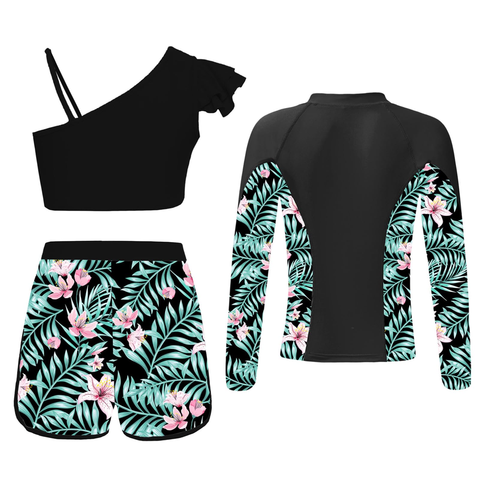 ranrann Enfant Fille Maillot de Bain 3 Pièces Anti UV T-Shirt de Bain Haut et Short de Bain Ensemble Tankini 7-16 Ans