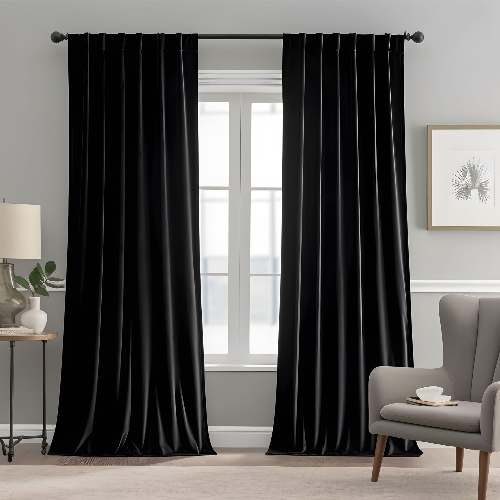 Aljctns Black Velvet Curtains 90 inches Long Luxury Blackout Curtains for Bedroom Living Room,Thermal Insulated Super Soft Window Drapes Rod Pocket & Back Tab, 52" W x 90" L, 2 Panels