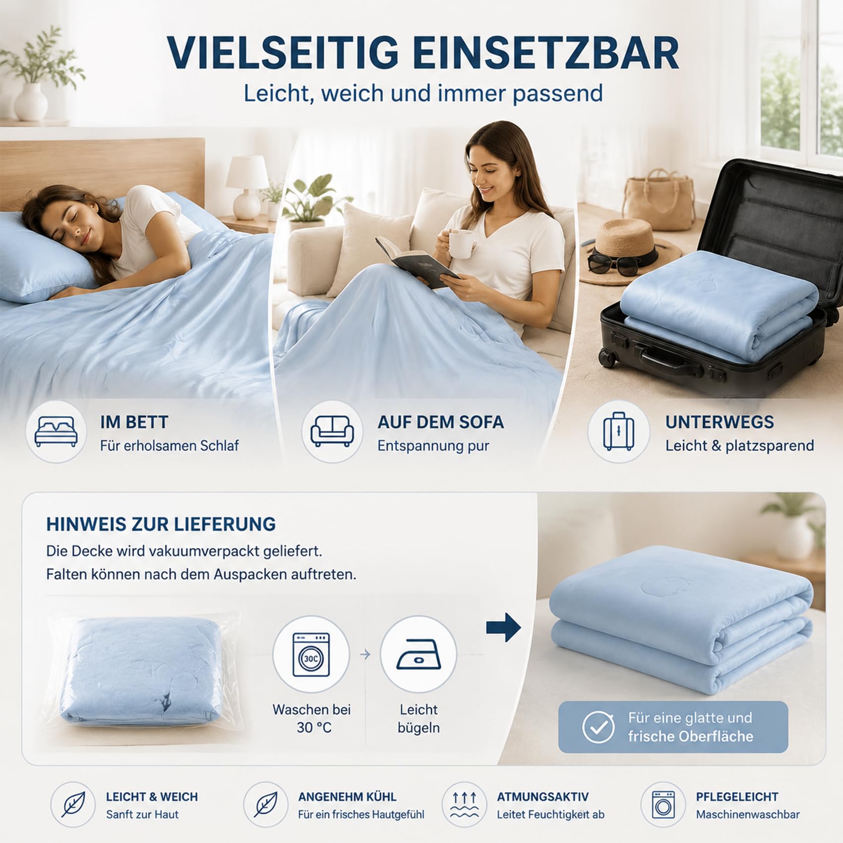 Magic Splashy Bettdecke, 2026 Neu Magic Sleep Eisdecke, Weich und Sanft Zur Haut, Leicht Und Atmungsaktiv für HeißE Sommernächte, Maschinenwaschbar und Wendbar (Blaugrau,105 * 150cm)