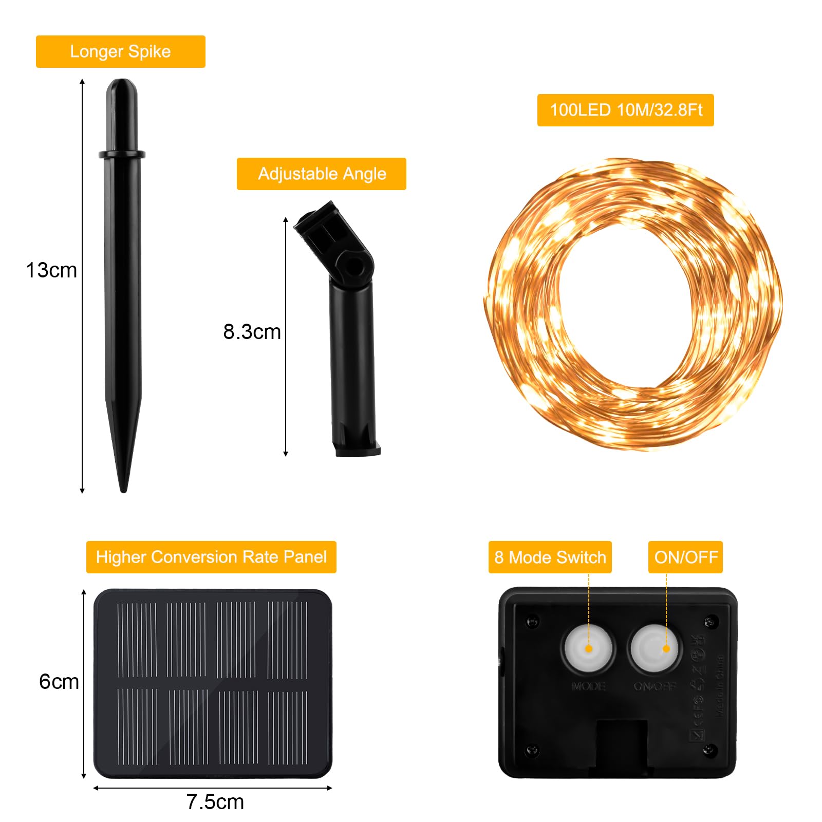 Guirlande lumineuse solaire d'extérieur - 100 LED - 10 m - Résistante aux intempéries - 8 modes - Pour décoration de jardin, terrasse - Blanc chaud