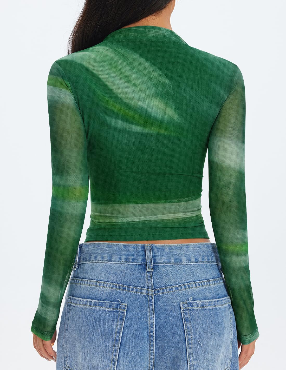 ZESICA Floral Long Sleeve Tops for Women Spring Mesh Mock Neck Ruched Fitted Shirts Going Out Blouses Trendy Clothes - Image 4