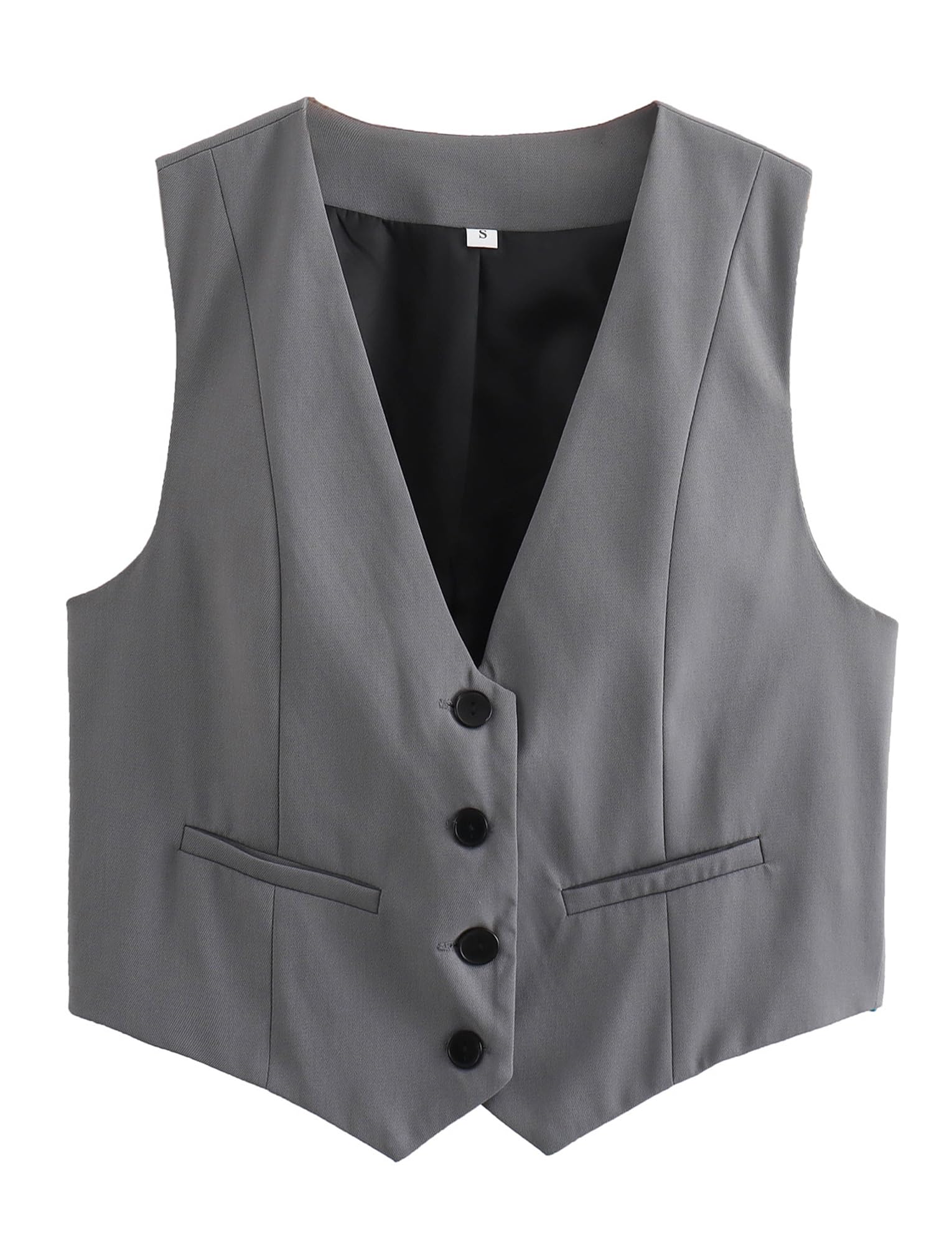 Happy Cherry Damen Einfarbig Anzug Weste Knopf unter V-Ausschnitt Weste Lässig Crop Blazer Gilet