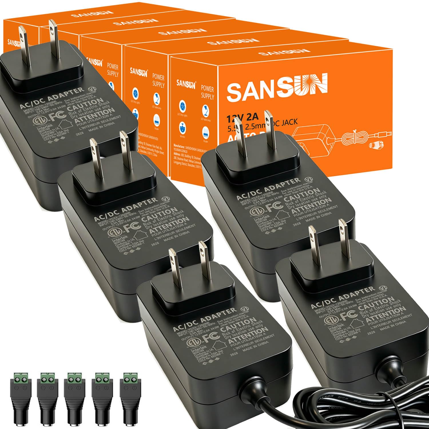 SANSUN 12V 2A Power Supply Adapter ETL Listed 5-Pack