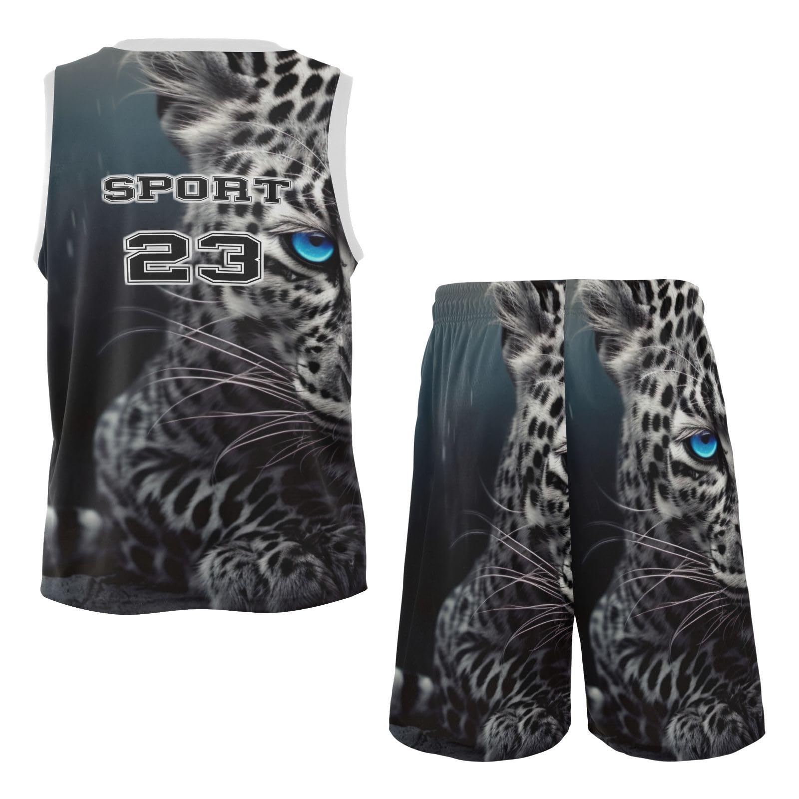 FLildon Leopard Cheetah Blue Eyes Boys Basketball Jersey Set Tank Top Shorts Tracksuit Sport Training Suit for Kids