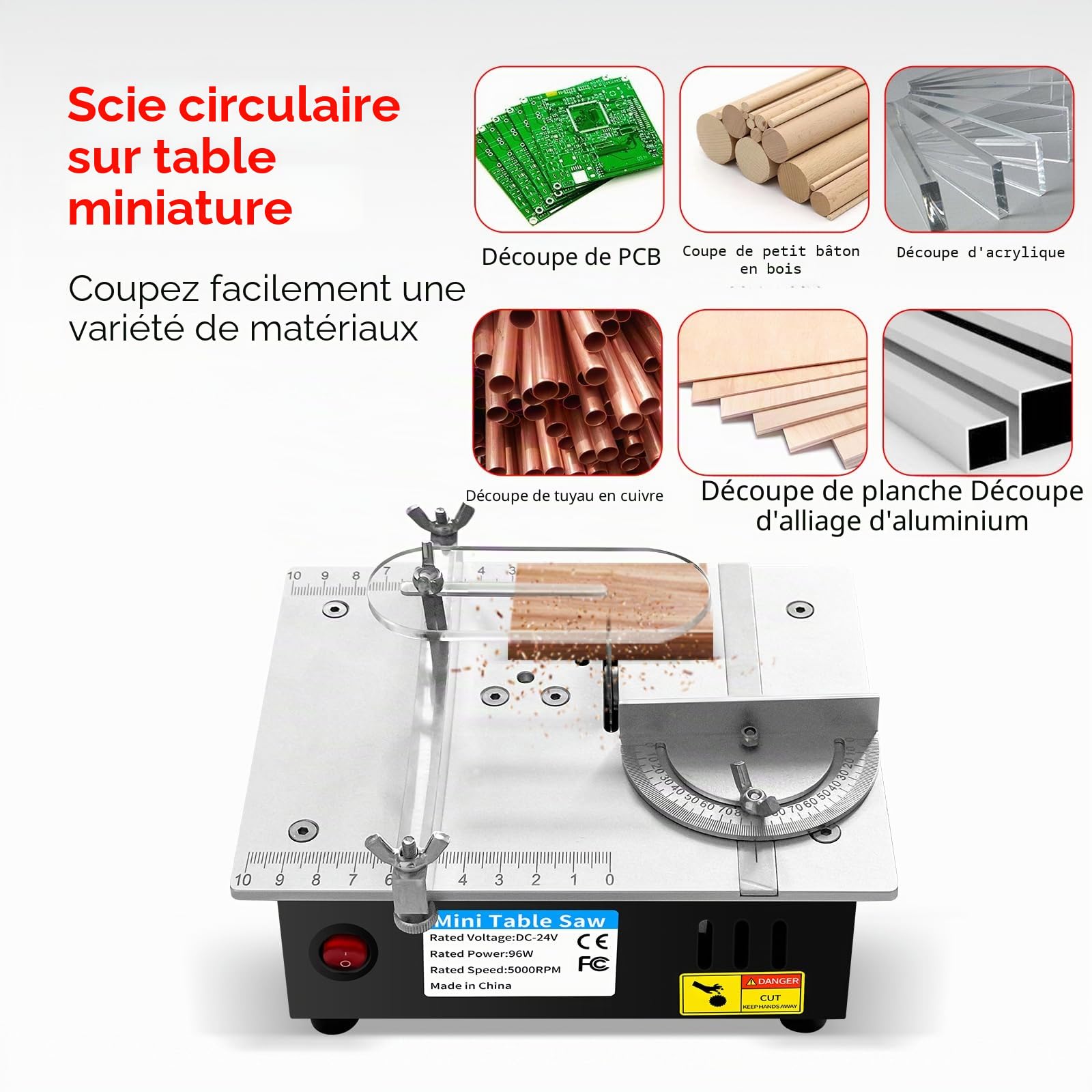 Mini scie circulaire de table multifonction 96 W, 5000 tr/min, avec bloc d'alimentation 7 vitesses, profondeur de coupe 14 mm, scie de table pour bois/PCB/métal, bricolage et modélisme (A)