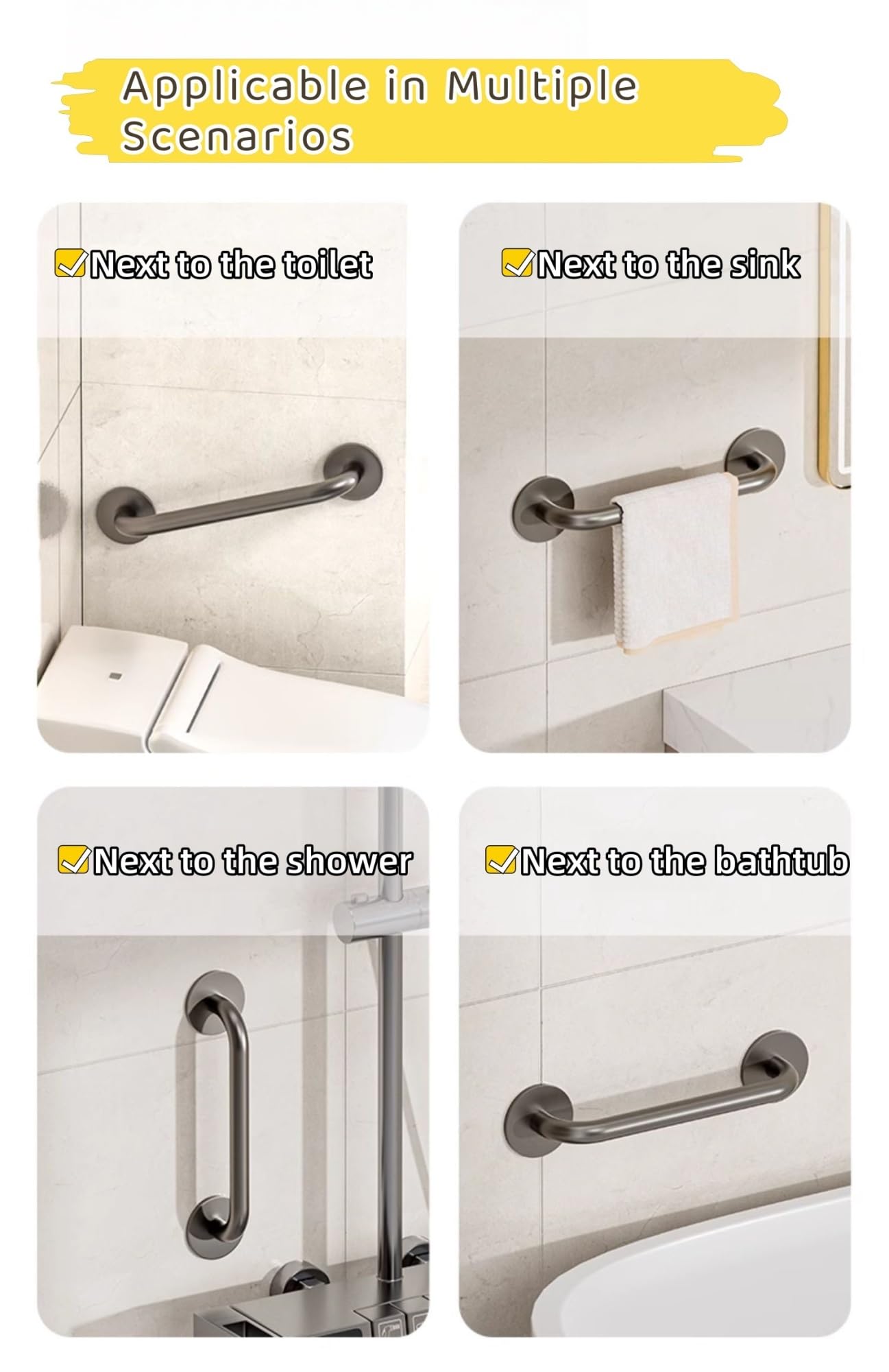 Barras de apoyo para baño grises, manijas de ducha antideslizantes, riel de seguridad de aluminio para Personas mayores y discapacitadas.