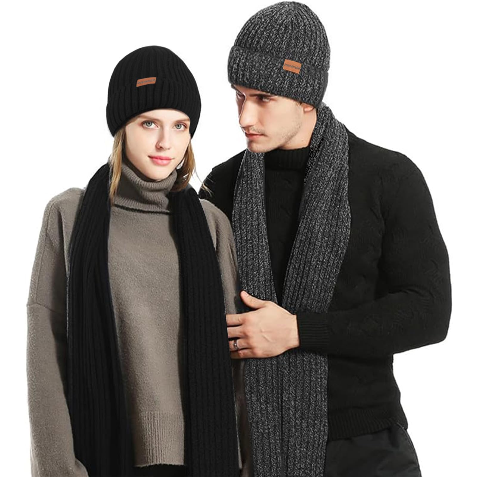 Jeackcelle Set di 3 berretti invernali con sciarpa per uomo e donna, con guanti touchscreen, 3 pezzi, guanti termici lavorati a maglia, sciarpa lunga