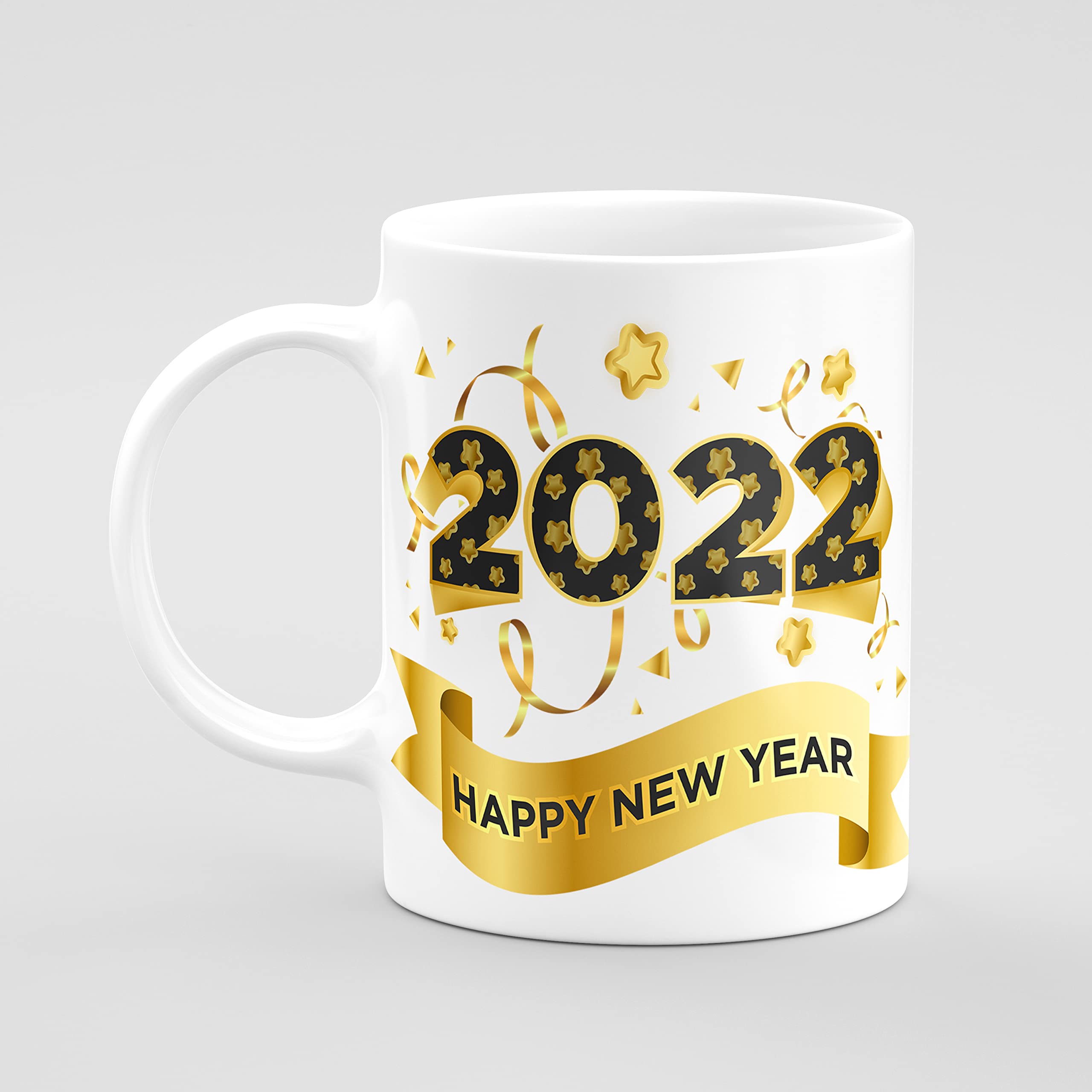 CERAWAX 2023 Happy New Year Printed Black Gold White Printed Ceramic Tea Coffee Mug, Best Gift Item for Happy New Year Celebration and Party for Friends, Family, Colleagues,325ml