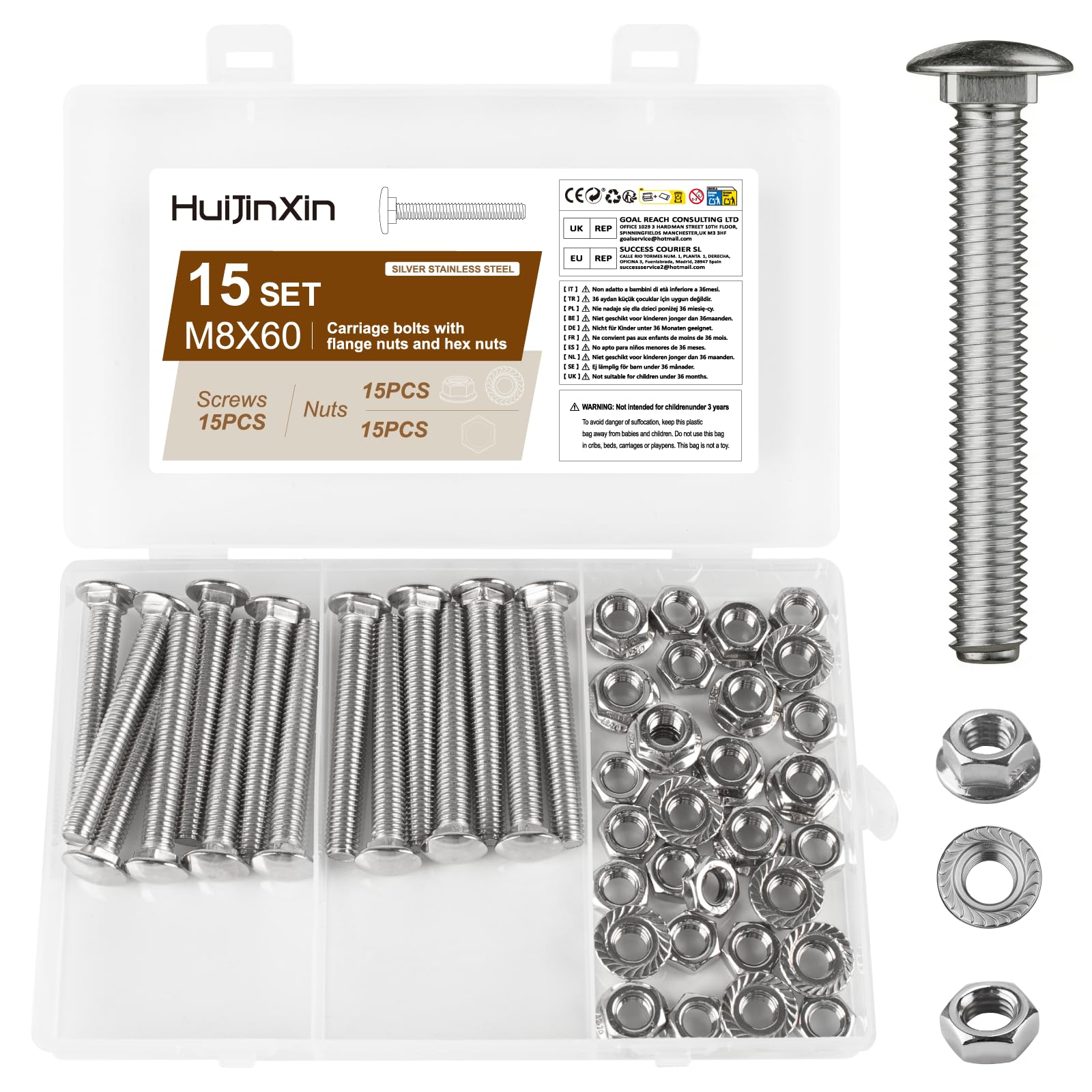 15 Sets M8 Bolt Set, M8 x 60mm Coach Bolts, Cup Square Carriage Bolts and Nuts Set, Stainless Steel Coach Screws, Carriage Screws with Hex Flange Nuts