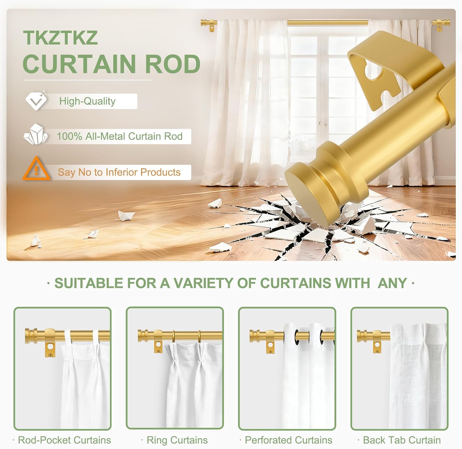 Curtain Rod and No Drill Curtain Rods Brackets Bundle: Gold Single Window Rod 36 to 72 Inch,Self Adhesive Holder & Heavy Duty Metal Hardware Combination,Renter Friendly Drapery Pole Set,Gold
