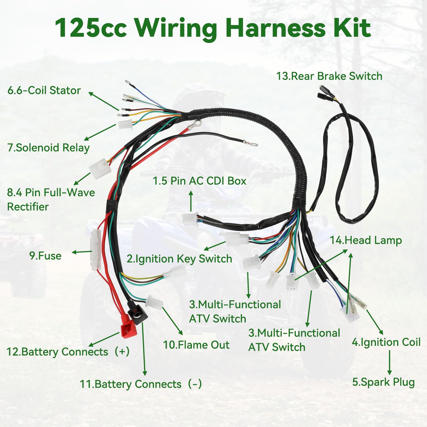 110cc ATV Wiring Harness Kit Compatible with Tao tao Coolster 125cc 90cc Chinese ATV Quad 4 Wheeler 4 Stroke Kazuma Parts, Complete Wire Harness with Ignition Coil Stator Starter Solenoid Relay