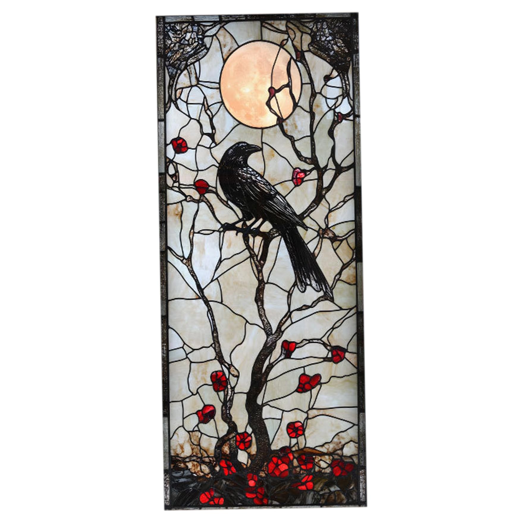 Stained Glass Window Privacy Film 18x39" Double Side Gothic Window Film Raven Moon Berry Vines Static Cling Sticker for Halloween Home Decor Stained Glass Privacy, Gothic