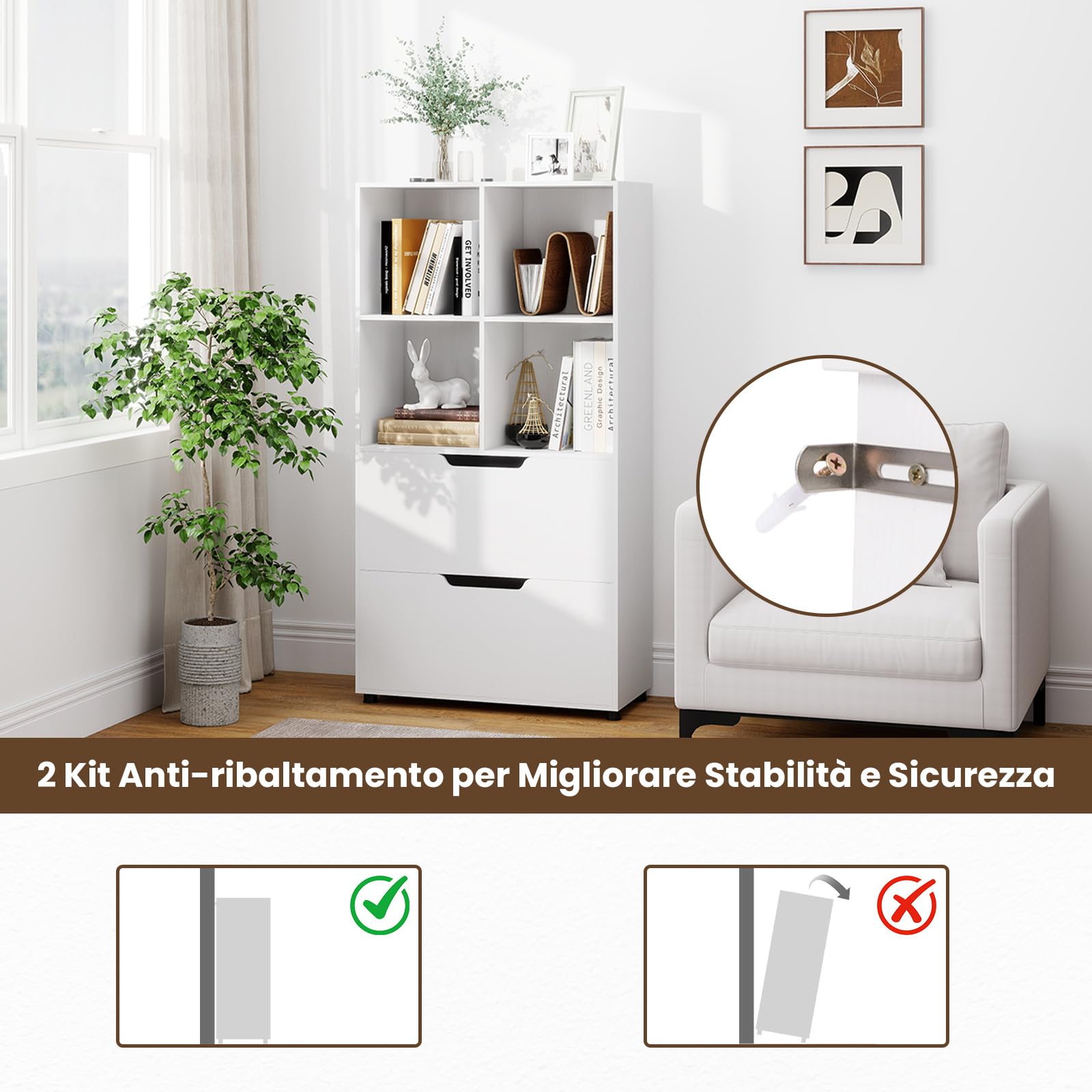 COSTWAY Libreria a 4 Cubi con 2 Cassetti, Scaffale Alto a 5 Ripiani da 130 cm, Libreria Moderna a Cubi Aperti, Organizer in Legno per Soggiorno, Studio, Ufficio Domestico (Bianco)