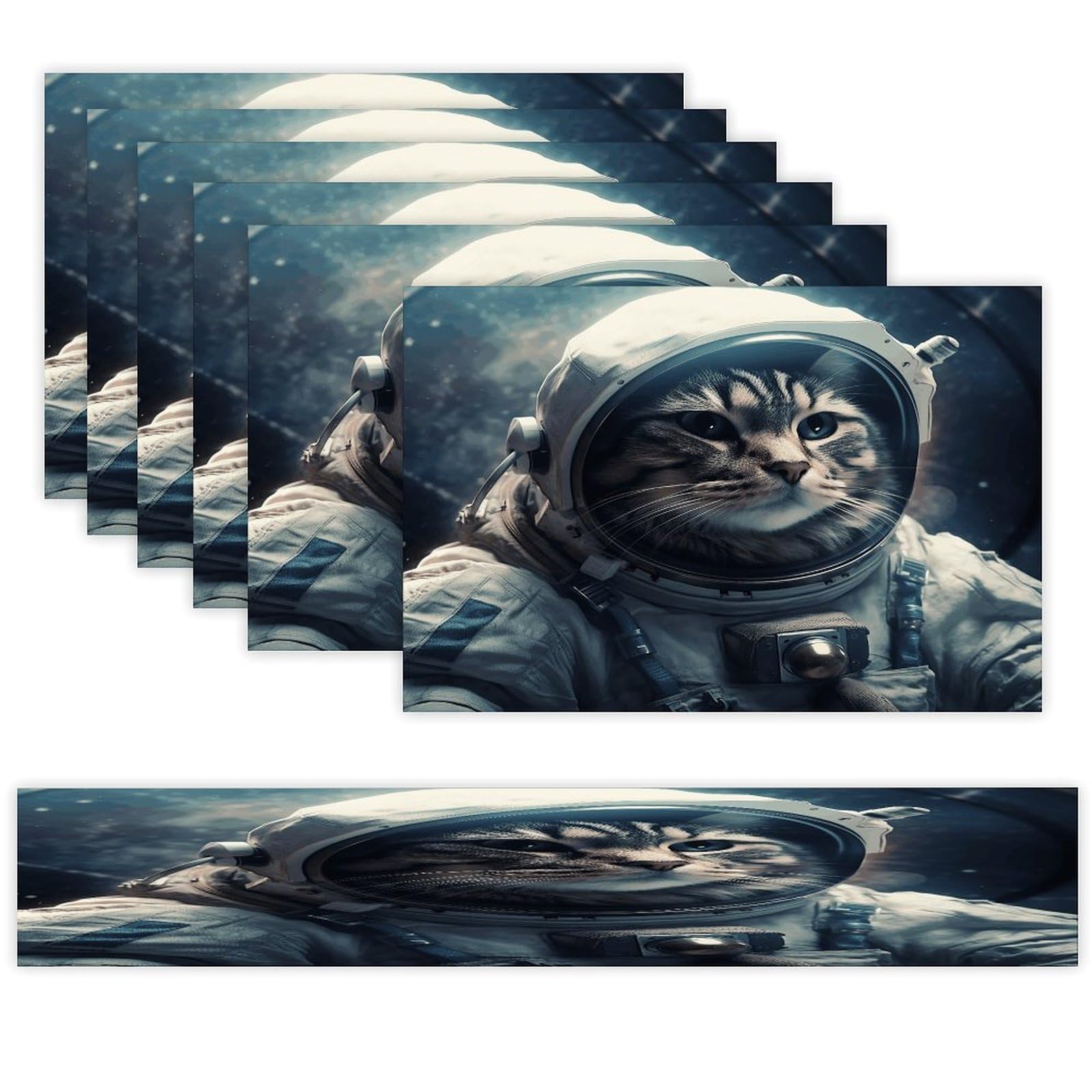 Astronaut Cat in Space Table Runner and Placemats of 6 Washable Heat Resistant Place Mats with Table Runner Vintage Holiday Table Mat Set for Holiday Party Kitchen Dining Deco