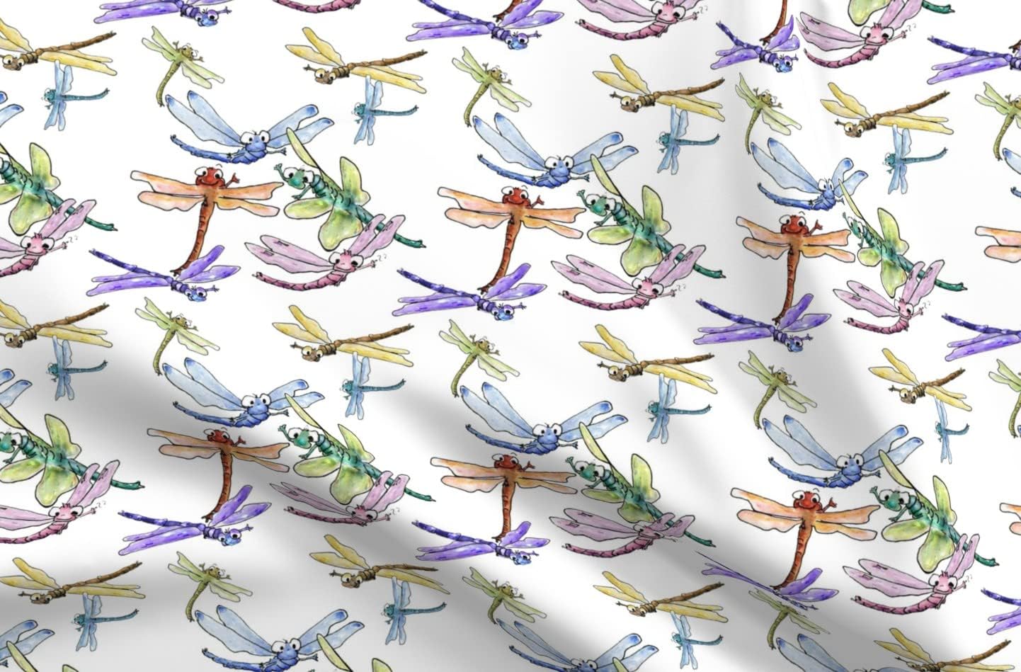 Spoonflower Fabric - Happy Dragonflies Dragonfly Cartoon Whimsical Funny Nursery Watercolor Printed on Upholstery Velvet Fabric Fat Quarter - Upholstery Home Decor Bottomweight Apparel
