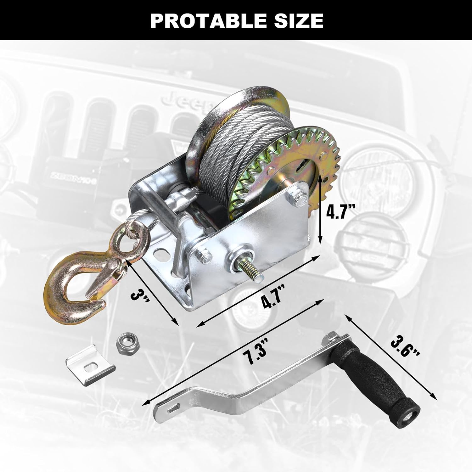 Diagram showing the dimensions of the hand crank winch