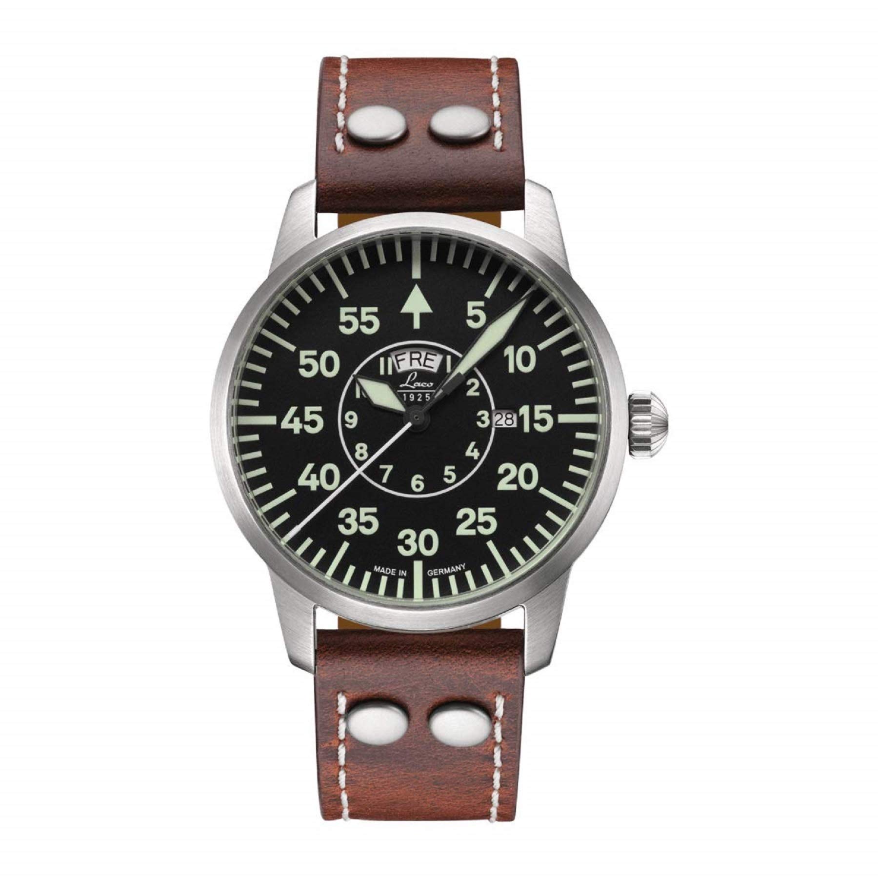 Laco/1925 Men’s 861806 Pilot Classic Round Stainless Steel Watch with Brown Leather Strap