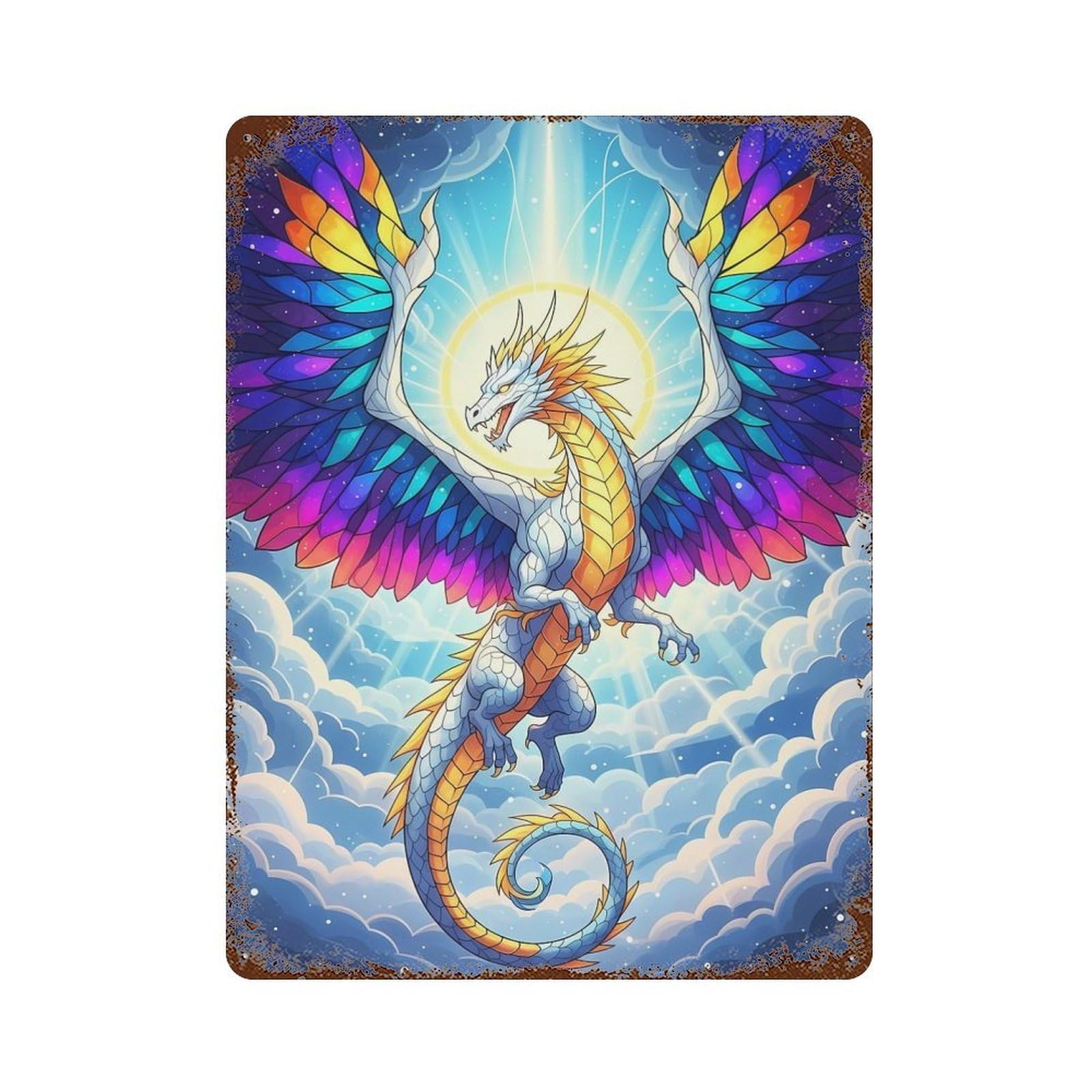 Winged Dragon in The Sky Rusty Metal Tin Sign 15.7"x11.8", Industrial Home Decor for Garage, Pub Or Kitchen