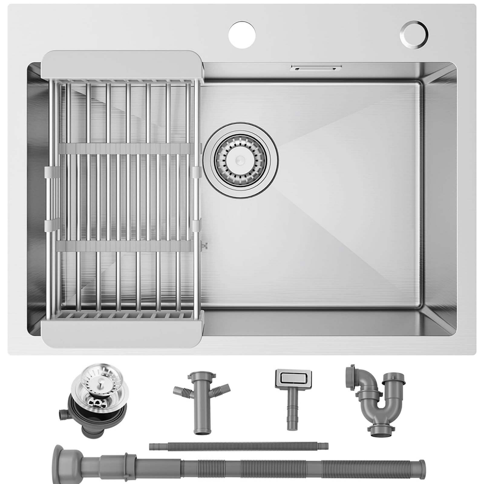 SUS 304 - Lavello da cucina da 60 x 45 cm, moderno lavello da incasso, rettangolare, in acciaio inox, per sottolavelli a partire da 60 cm, con 2 fori per rubinetto e sifone
