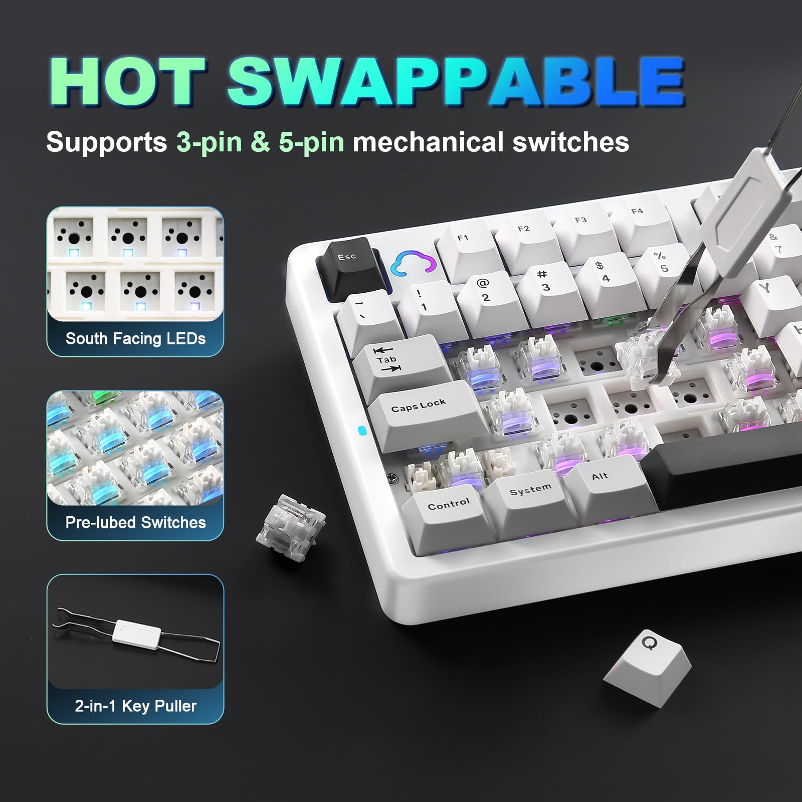 YUNZII AL98 Tastiera Meccanica Gaming Senza Fili, Tastiera Gamer in Alluminio, BT/2.4Ghz/USB-C, RGB, QMK/VIA Programmabile, Hot-Swap Tasti PBT per Win/Mac (Bianco, Milk V2 Linear Switch)