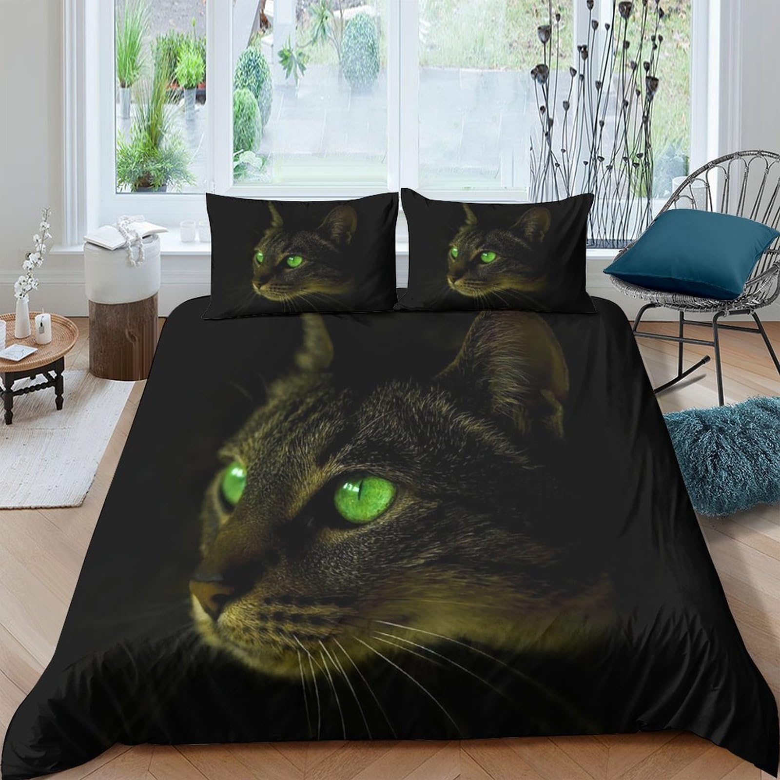 GPLZQXKJNH 3D Printed Green Eyed Black Cat Duvet Cover Microfiber Soft Breathable Night Cat Bedding Set with 2 Pillowcases for Bedroom Decor, Single（135x200cm）