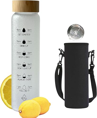 HOLABEAR Botella de vidrio motivacional de 32 onzas para tomar agua diaria con tiempo para beber, con tapa y funda de bambú a prueba de fugas, apta
