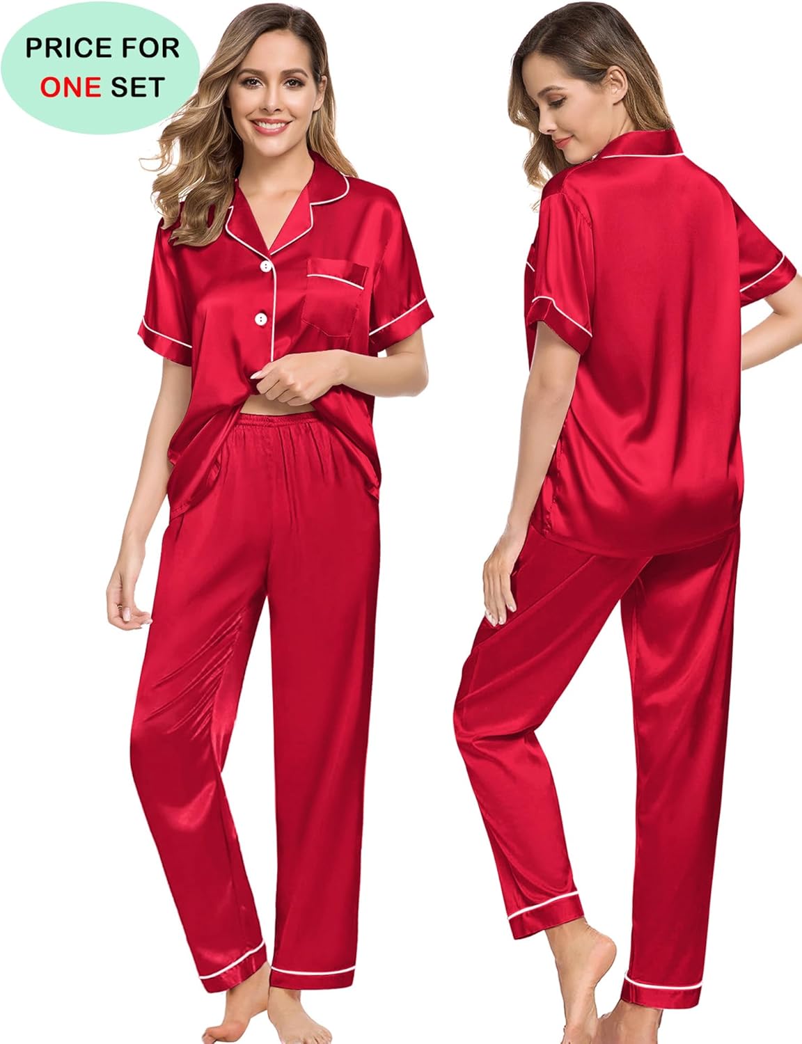 SWOMOG Couples Pajamas Sets Women & Men Satin Short Sleeve Sleepwear Button Down Loungewear Pjs Set with Long Pants - Image 3