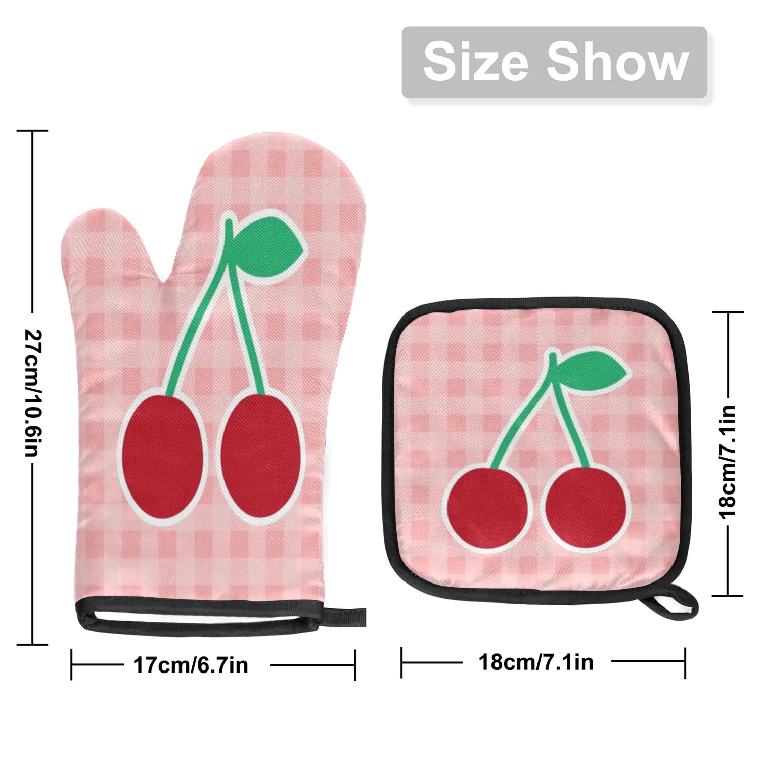 Grid Cherry Hand Painted Oven Mitts Kitchen Oven Gloves for Cooking Baking Heat Proof Lining Cotton Kitchen Potholder Mittens Pot Holders Hot Pads for Chef Women Men