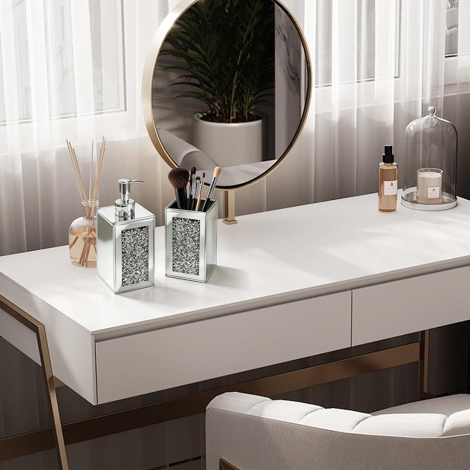 Bathroom Accessories Set, Square 2 Pack Silver Glass Soap Dispenser & Toothbrush Holder with Mirror Finish & Sparkling Diamond Accents, Modern Bathroom Countertop Decor