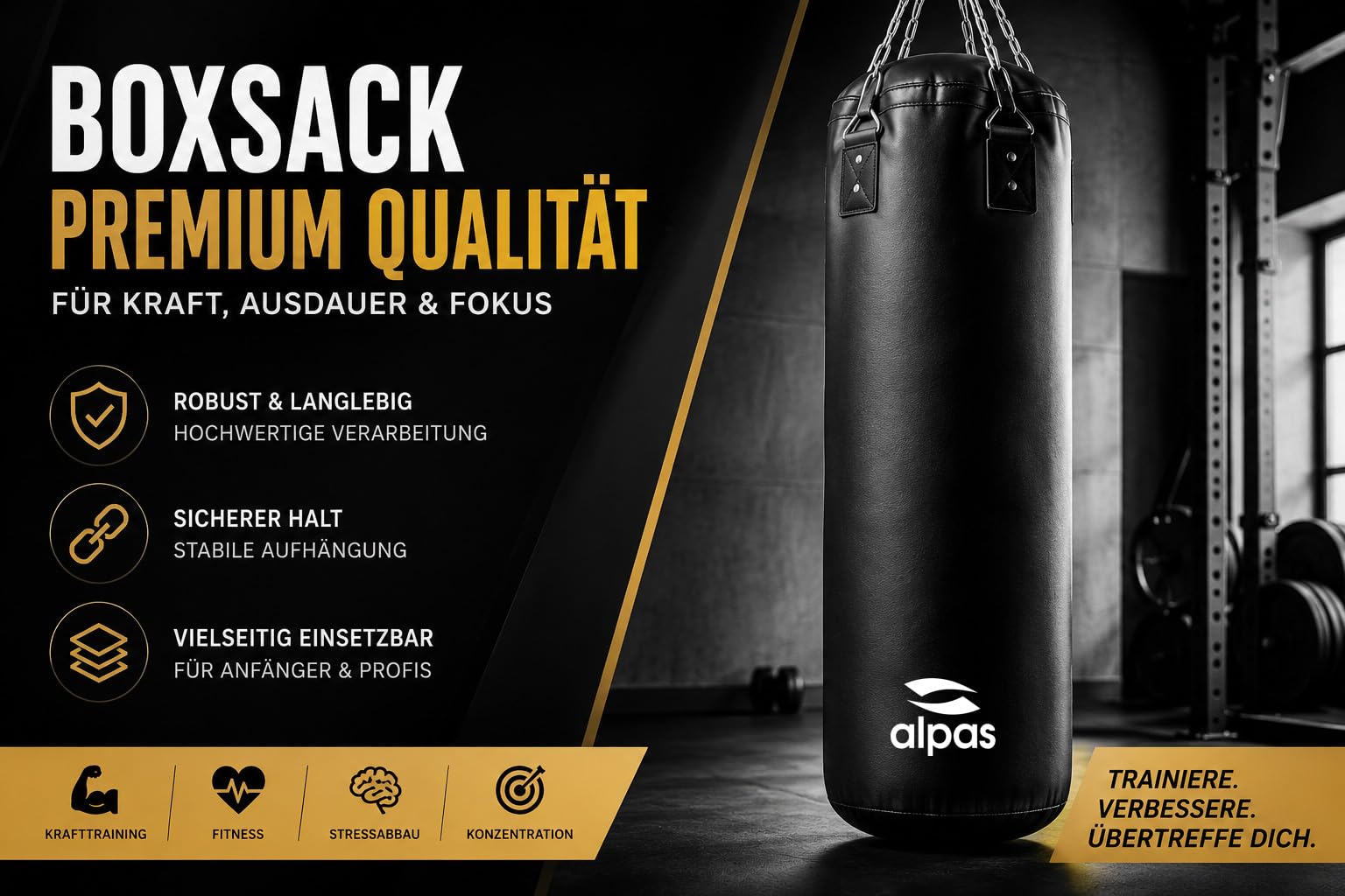 Alpas Boxsack 120cm - robust & langlebig | Sandsack in Profiqualität I 4-Punkt Stahlkette für Boxen, Kickboxen, MMA, Muay Thai und weitere Kampfsportarten I Kunstleder