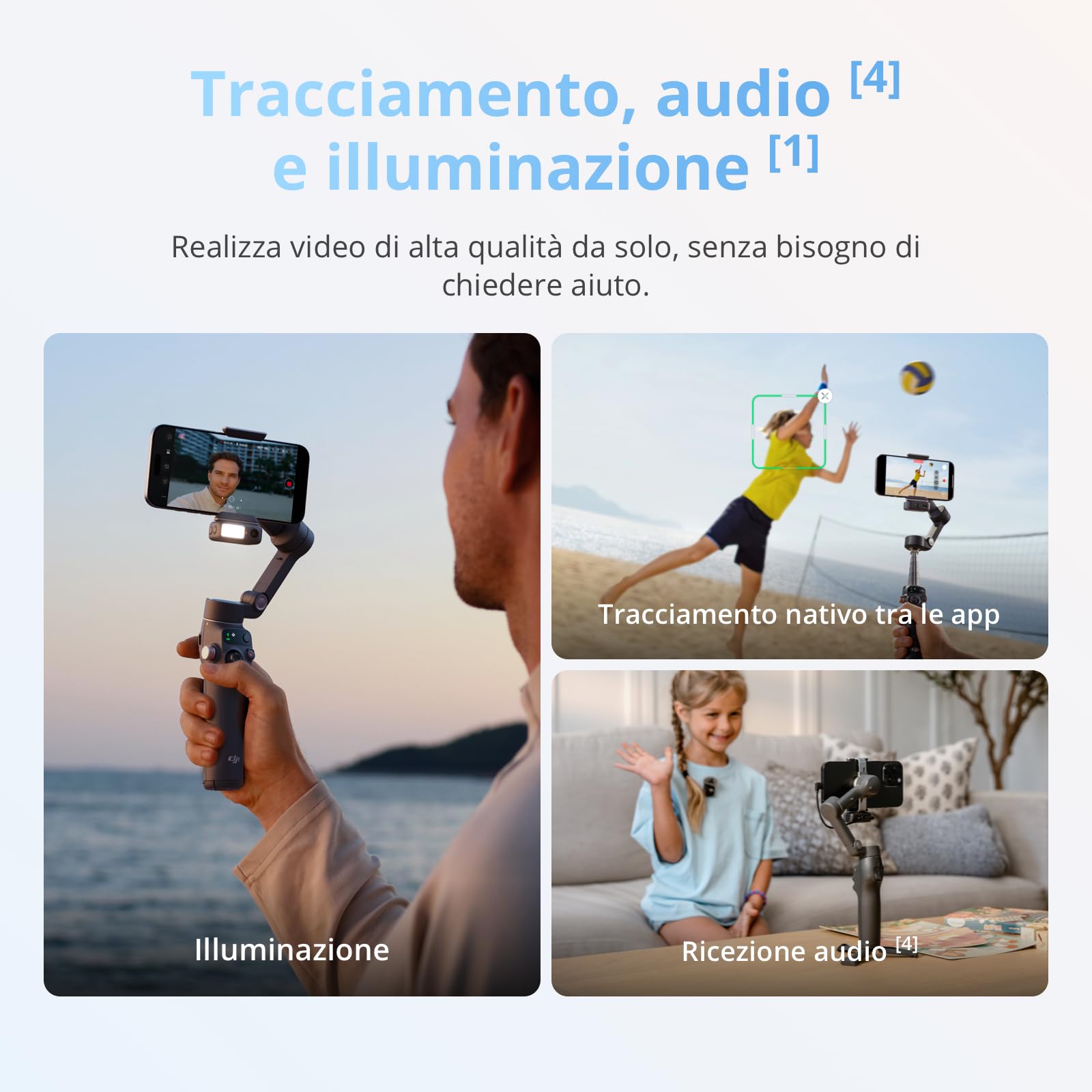 DJI Osmo Mobile 8 stabilizzatore per smartphone, AI tracciamento nativo con audio e illuminazione, rotazione panoramica a 360°, manico telescopico e treppiede integrati, batteria da 10 h