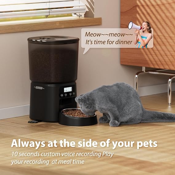 Petrice Automatic Cat Feeder, 4L/16Cups Cat Food Dispenser with Stainless Steel Bowl Programmable 30 Portions 6 Meals per Day, Timed Pet Feeder for Kitty Small Dogs with 10S Voice Record, Black
