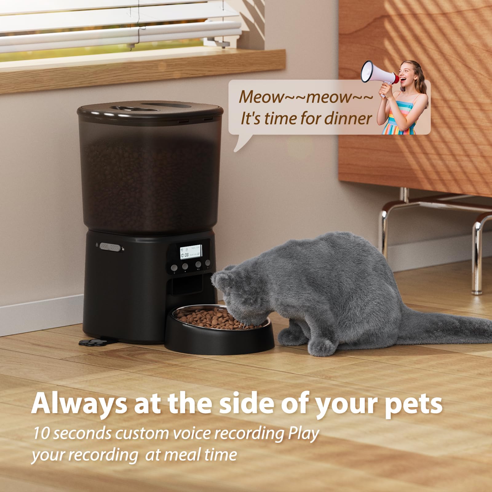 Automatic Cat Feeder, 4L/16Cups Cat Food Dispenser with Stainless Steel Bowl Programmable 30 Portions 6 Meals per Day, Timed Pet Feeder for Kitty Small Dogs with 10S Voice Record, Black - image 6