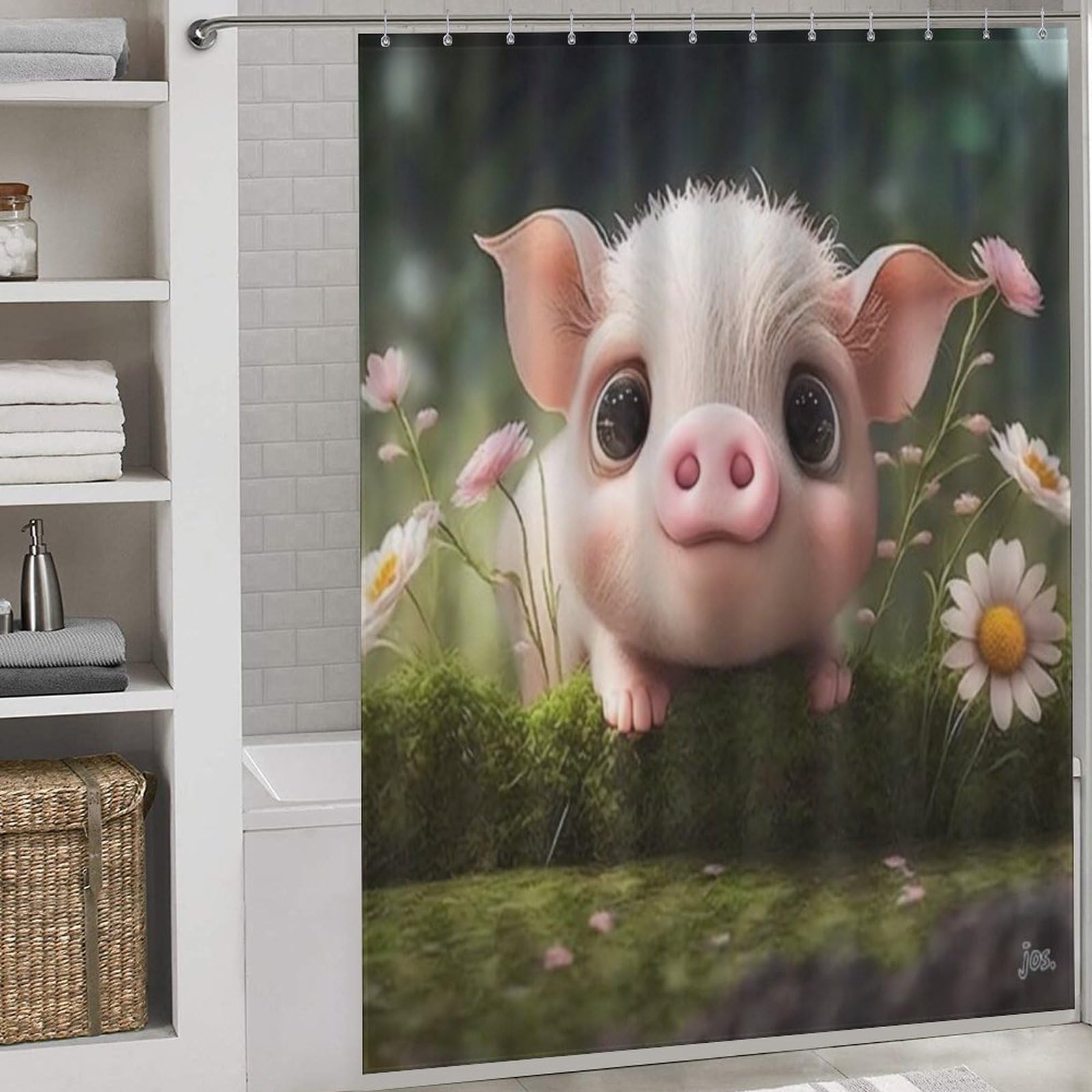 Rideau de douche cochon mignon stoppe l'eau au sol grâce au tissu polyester étanche 12 anneaux