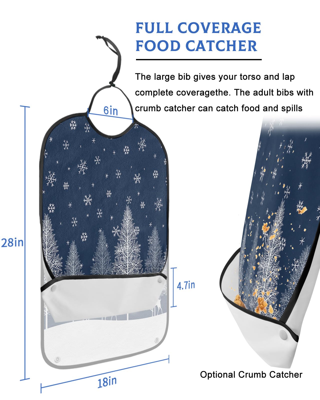 Kewadony Adult Bibs for Elderly Women - Blue Christmas Tree Waterproof Dining Clothing Protectors with Crumb Catcher for Eating/Feeding, Xmas Elk Winter Snowflake Terry Cloth Bib Machine Washable