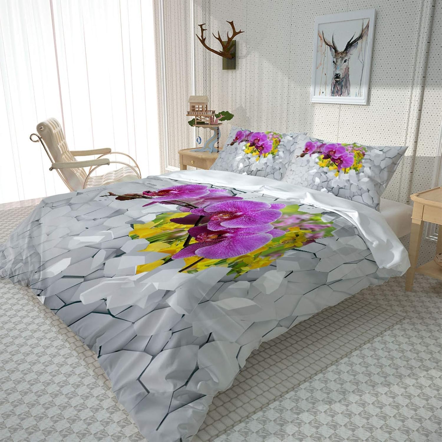 Super King zestaw poszewek na kołdrę z fioletowymi kwiatami miękka mikrofibra zestaw pościeli z nadrukiem 3D piękne kwiaty poszewka na kołdrę 260 x 220 cm z zamkiem błyskawicznym z 2 poszewkami na