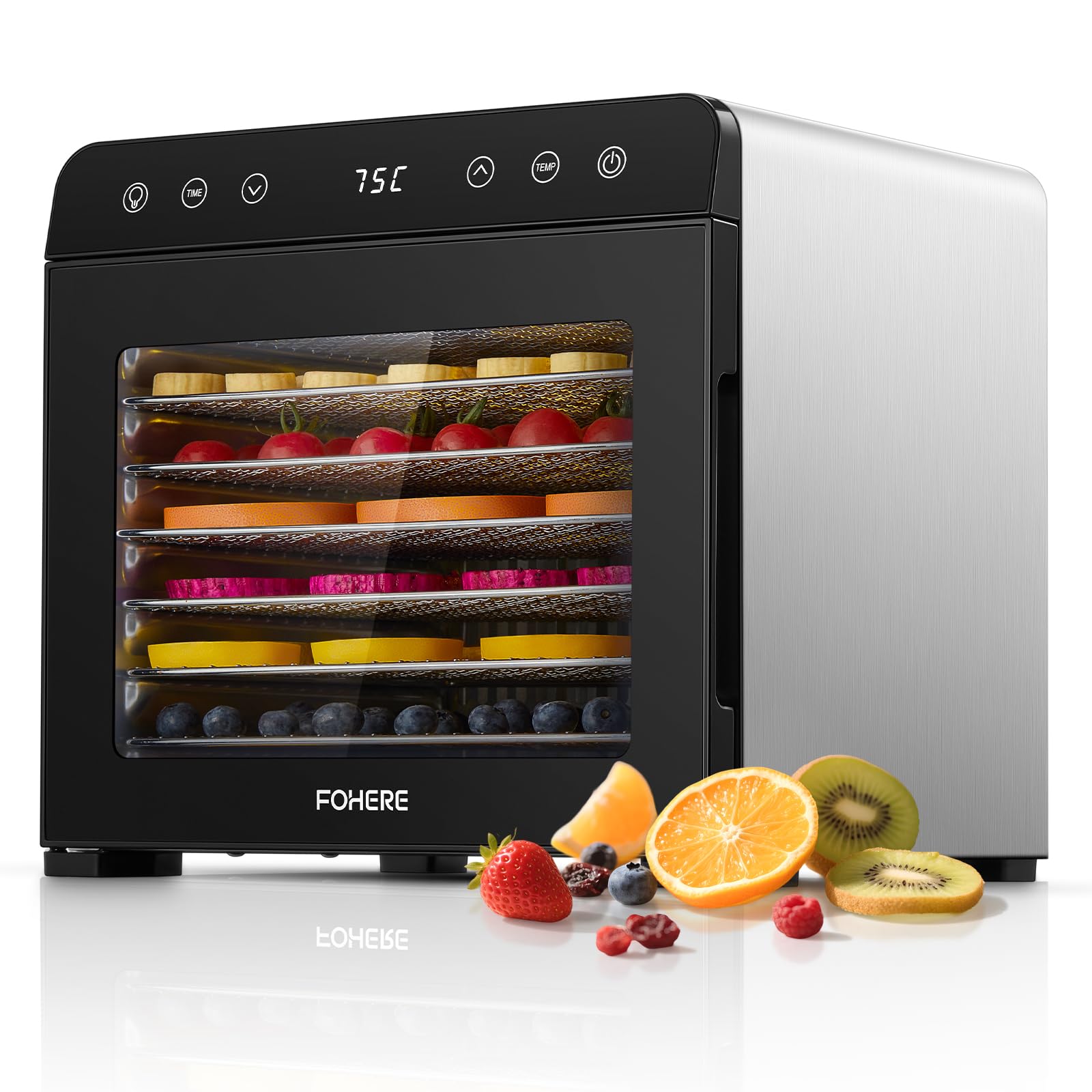 FOHERE Déshydrateur Alimentaire Professionnel 8 Plateaux Inox Silencieux <40dB, Utilisation Nuit, Contrôle Précis 35-75°C Minuterie 48h, pour Champignons Fruits Légumes Viande Séchée Snacks Bébé