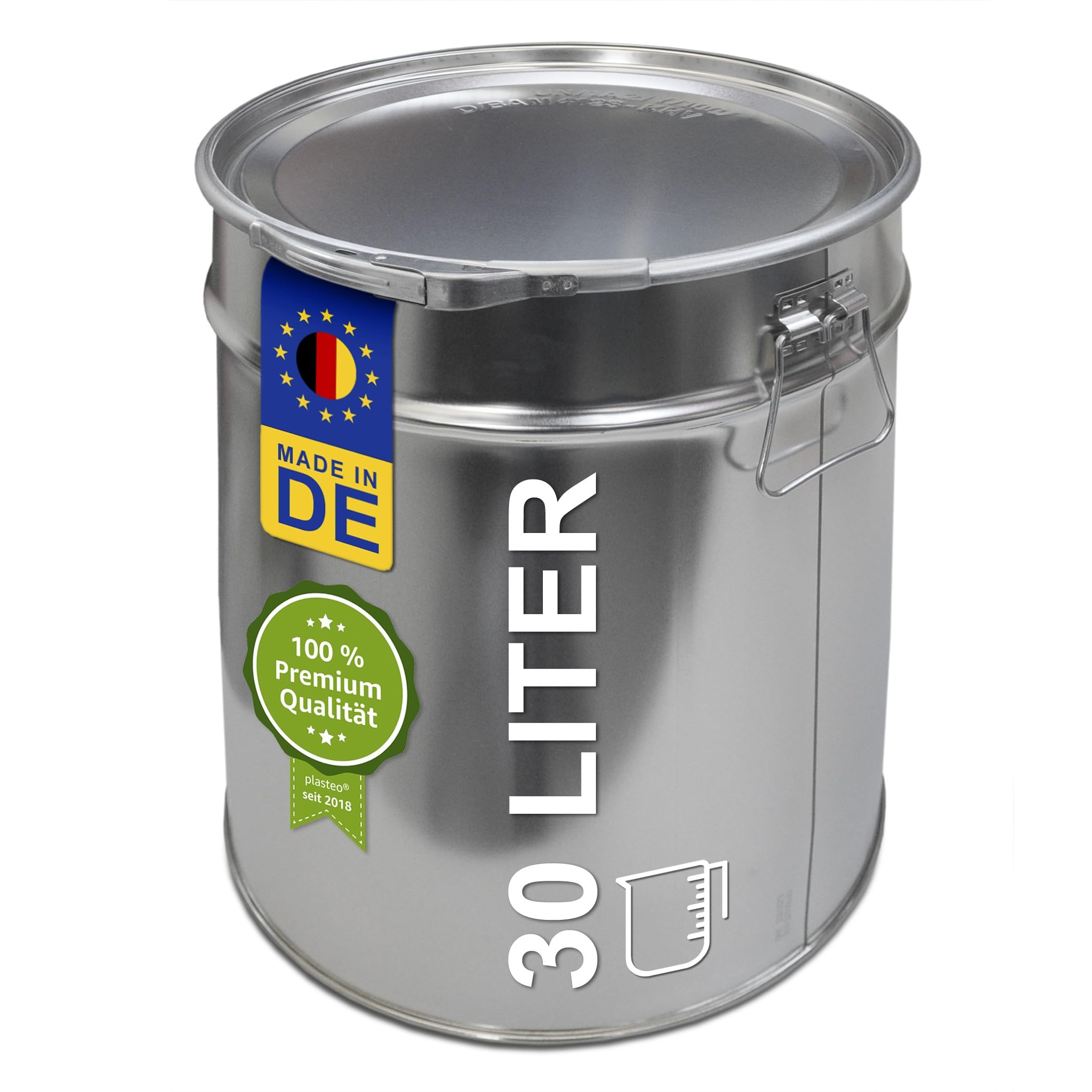 Hobbock, secchio in latta da 30 litri, con coperchio con anello di fissaggio, manico in metallo stabile, resistente all'aria e ai liquidi, robusto e impilabile, adatto per merci pericolose (30 litri)