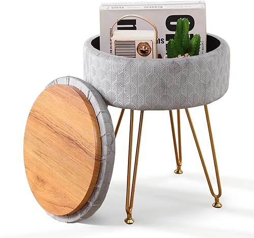 Miniatura 7 de Cpintltr Taburete otomano de almacenamiento de terciopelo con tapa extraíble, taburetes redondos para sofá, reposapiés con asiento acolchado, gris