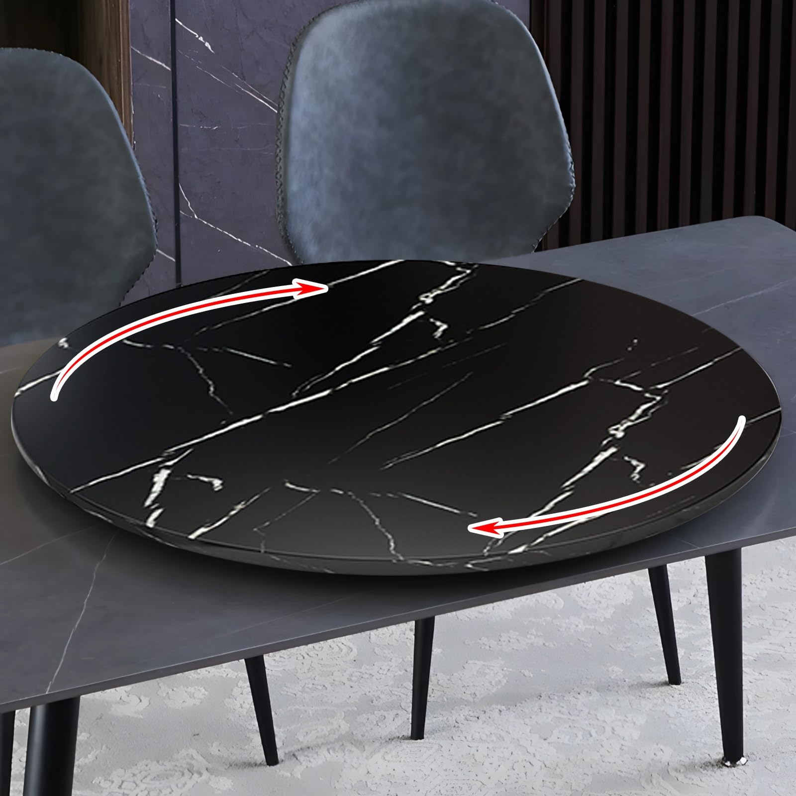 Plateau tournant Lazy Susan en bambou – Planche à charcuterie rotative et planche à fromage, 80 cm, marbre noir pour cuisine, garde-manger, étagères et tables – Plateau de service élégant en bois